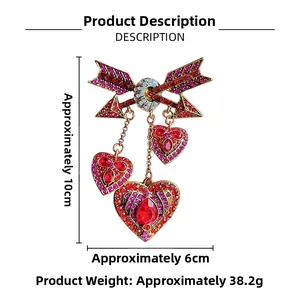 Vue détaillée de la broche flèche Cupidon vintage avec cœurs et dimensions