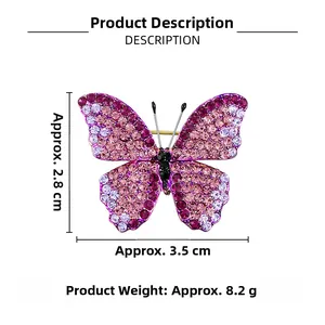 Detail view of butterfly brooch with purple rhinestones showing size dimensions