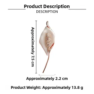 Calla lily brooch dimensions showing 7.5cm length with rose gold finish and crystal inlay