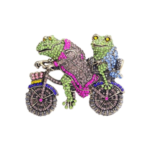 Vintage style crystal frog prince on motorcycle brooch with colorful rhinestones