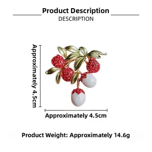 Detail showing sweet lychee brooch dimensions 4.5cm with red rhinestones and pearls