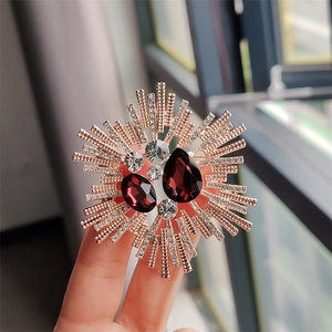 Macro detail of sunburst crystal brooch featuring ruby red gems and gold alloy base
