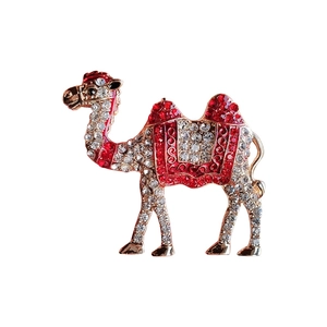 Vintage gold camel brooch with sparkling rhinestones and red enamel for suit jacket