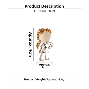Tableau des tailles broche infirmière dessin animé montrant 4cm x 2cm et poids de 8,6g