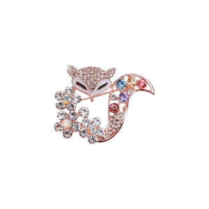 Minimalist fox brooch with colorful rhinestones and rose gold finish for sweaters