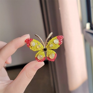 Detail van de vlinderbroche met gele kristallen en accenten van kattenoogsteen