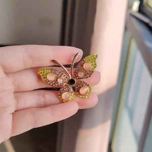 Detailopname van gouden vlinderbroche met champagne strass en katteoog steentjes