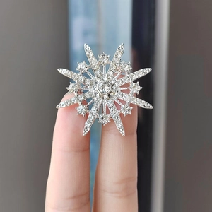 Elegant silver starburst brooch with sparkling rhinestones in a multi-layer design
