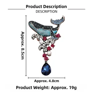 Detailed view of the enamel whale brooch showing size dimensions and 19g weight data