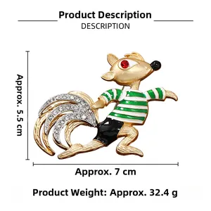 Detail view showing a fox brooch with rhinestones and measurement labels on white background