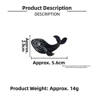 Detailed size view of a 5.6cm blue whale brooch with sparkling rhinestones and pearl eye