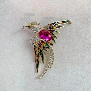 Broche phénix de luxe avec cristal rose et émail coloré pour femmes élégantes