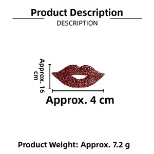 Macro shot of luxury red lip brooch with micro-pave zircons showing dimensions 4cm by 1.6cm