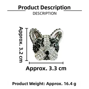 Detailed dimensions of the crystal-encrusted French Bulldog brooch with height and width