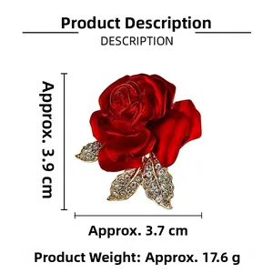 Détails de la broche rose rouge avec dimensions : env. 3,9 cm par 3,7 cm et poids 17,6 g