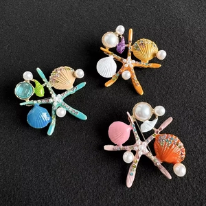 Broche Thème Océan Étoile De Mer Coquillage Alliage Émail Strass Künstliche Perle d'Imitation Bijoux De Corsage Décoratifs Pour Femmes