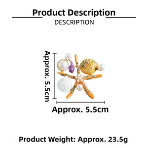 Détail de la broche étoile de mer et coquillage avec dimensions 5,5cm et poids 23,5g
