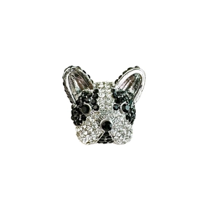 Sparkling French Bulldog brooch featuring black and white rhinestones in silver-tone metal