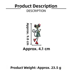 Detail view of cartoon cat brooch with dimensions approx 9.8cm height and 4.1cm width