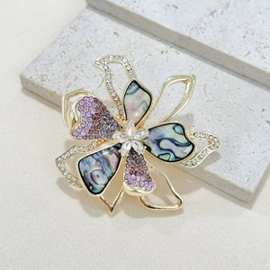 Elegant Alloy Flower Brooch With Purple Rhinestone And Faux Abalone Shell Inlay Gold Plated Daisy Pin For Women Coat Gift