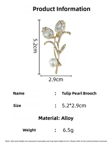 Detaillierte Größenangaben für Tulpen-Perlenbrosche aus Goldlegierung, 5,2 cm mal 2,9 cm