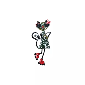 Cute cartoon cat brooch with sunglasses and roller skates in green polka dot dress