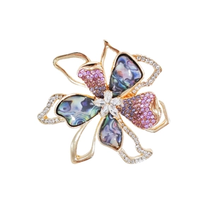 Elegant floral brooch with abalone shell petals and sparkling purple crystals on gold plating