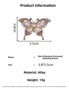Detailed product dimensions for the vintage pink butterfly brooch with cubic zirconia