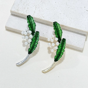 Broche Feuille en Émail Vintage Avec Imitation Künstliche Perle Alliage Plaqué Or Argent Plante Fleur Épingle pour Femme Bijoux
