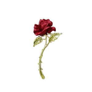 Exquisite red rose flower brooch with green stem and petals for clothing accessory