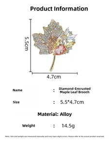 Detailed view of rhinestone maple leaf brooch with dimensions 5.5x4.7cm and alloy material