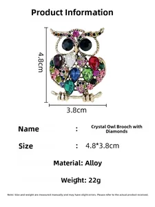 Detailed dimensions of crystal owl brooch in alloy with rhinestones, 4.8cm height