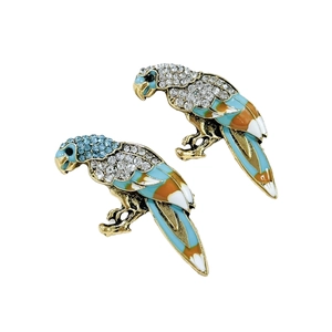 Vintage gold parrot brooch with blue rhinestones and colorful enamel detailing