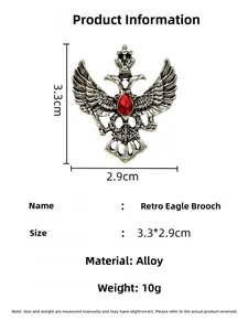 Detailed specs of the vintage double-headed eagle brooch with red crystal and alloy base