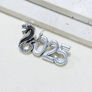 Silver 2025 Snake Year brooch with detailed scales on textured minimalist background