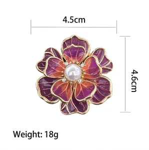 Elegant peony flower brooch with purple enamel petals and pearl center, 4.5cm diameter