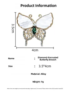 Macro detail of emerald butterfly brooch with shell inlay showing dimensions 3.5cm x 4cm