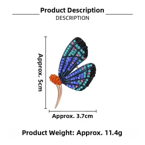 Vue détaillée d'une broche papillon en cristal coloré avec dimensions et spécifications
