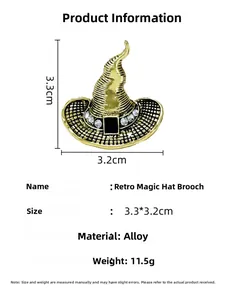 Detail view of a vintage wizard hat brooch with size dimensions and technical specs