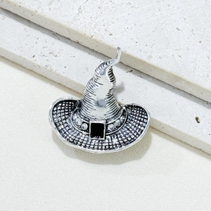 Vintage silver witch hat brooch with black enamel and crystals for Halloween