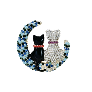 Exquisite Katzen und Mond Brosche mit Emaille und bunten Strasssteinen auf Legierung