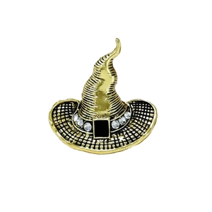 Vintage gold witch hat brooch with sparkling white rhinestones for Halloween costumes