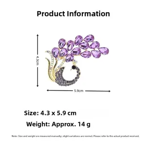 Detailed dimensions of elegant purple peacock brooch with crystals and gold-tone frame