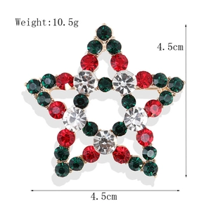 Christmas star brooch with red and green rhinestones in gold alloy 4.5cm width