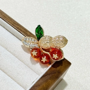 Macro detail of peanut brooch with red beads and green leaves on jewelry box