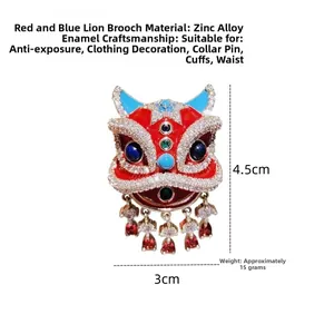 Macro shot of traditional Chinese lion brooch in red and blue enamel with tassels