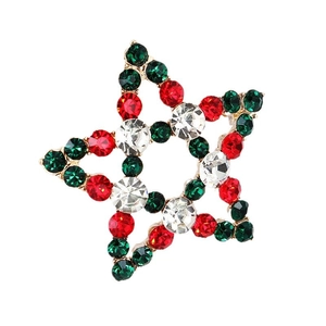 Exquisite gold alloy star brooch with red green and white rhinestones for Christmas
