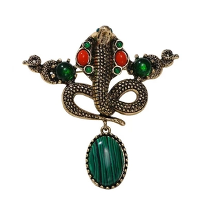 Vintage Schlangen-Brosche in Antikgold mit rot-grünen Perlen und Türkis-Anhänger