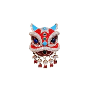 Chinese New Year dancing lion brooch in red enamel with sparkling crystals and tassels