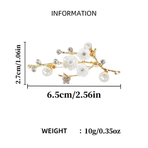 Elegante spilla floreale con perle e strass su rami dorati, lunghezza 6,5 cm, donna